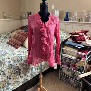 Style and company, long sleeve polyester top in salmon.